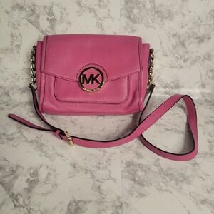 Michael Kors Fulton Pink & Gold Genuine‎ Leather Crossbody Purse Handbag Barbie